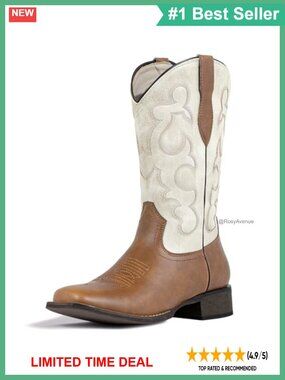 Wide Square Toe Faux Leather Cowboy Boots Mid Calf Western
